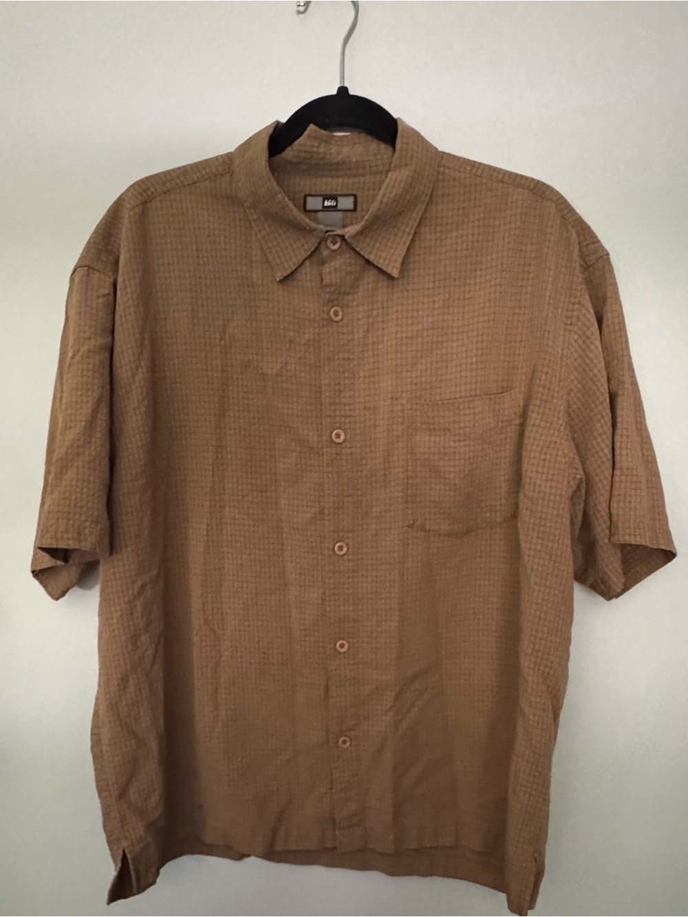 REI Men’s Large Brown Grid Check Rayon Short Sleeve Button Up Shirt L